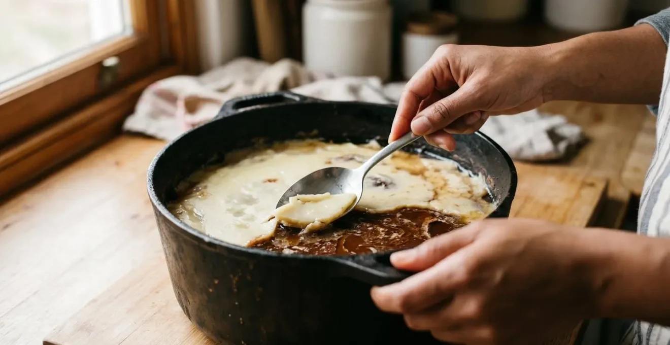 Chef's hands skimming solidified fat layer from cold daube pot in morning kitchen