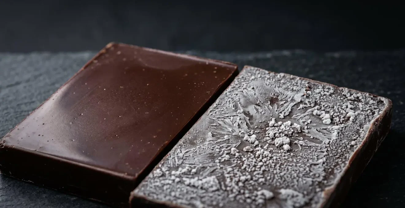 Macro detail of chocolate surface showing fat bloom crystallization and texture changes