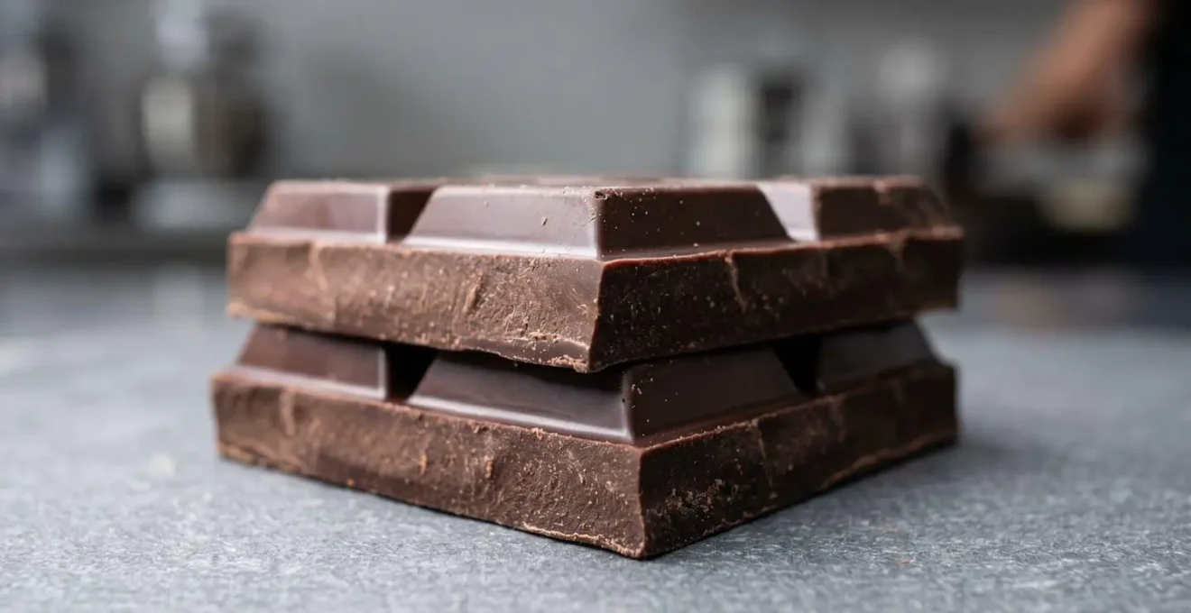 Macro close-up of professional couverture chocolate blocks showing industrial supply reality behind artisan chocolate production