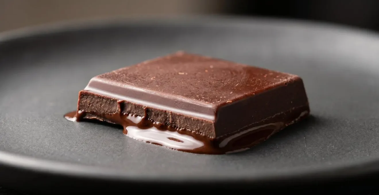 Close-up of dark chocolate square melting on a surface showing textural detail and glossy sheen