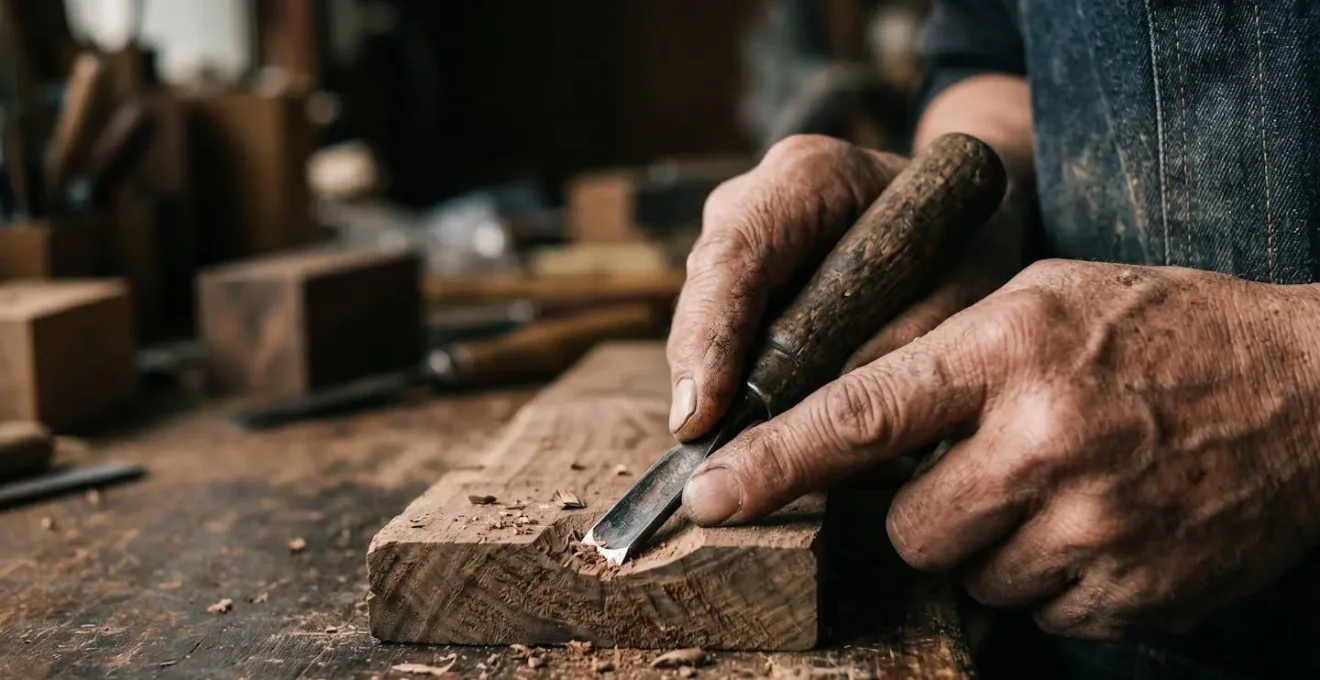 Close-up view of skilled hands working on traditional French craft with specialized tools in authentic workshop setting