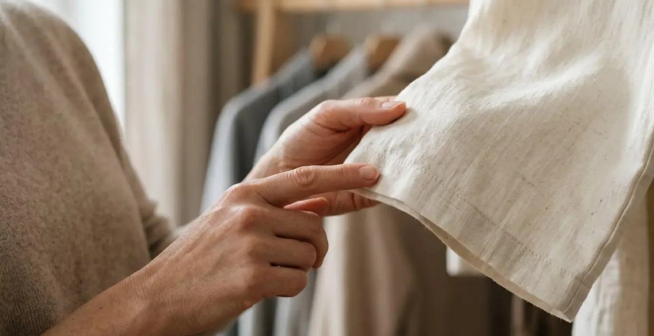 Person's hands thoughtfully examining quality garment fabric in natural light reflecting mindful consumption