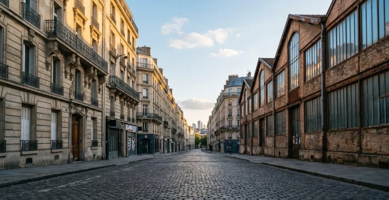 Juxtaposed architectural details revealing the distinct character of historic Parisian gallery neighborhoods