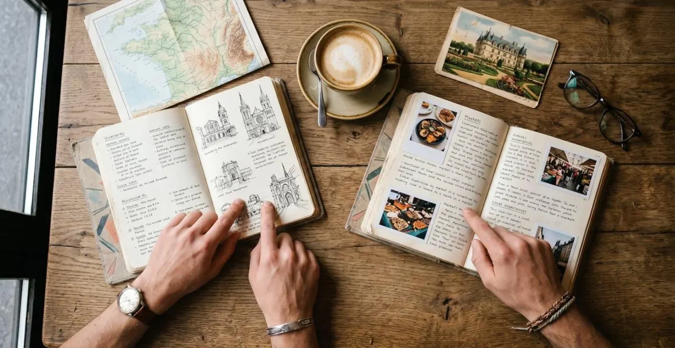 Couple sitting at cafe table with two contrasting travel itineraries representing different travel styles and interests
