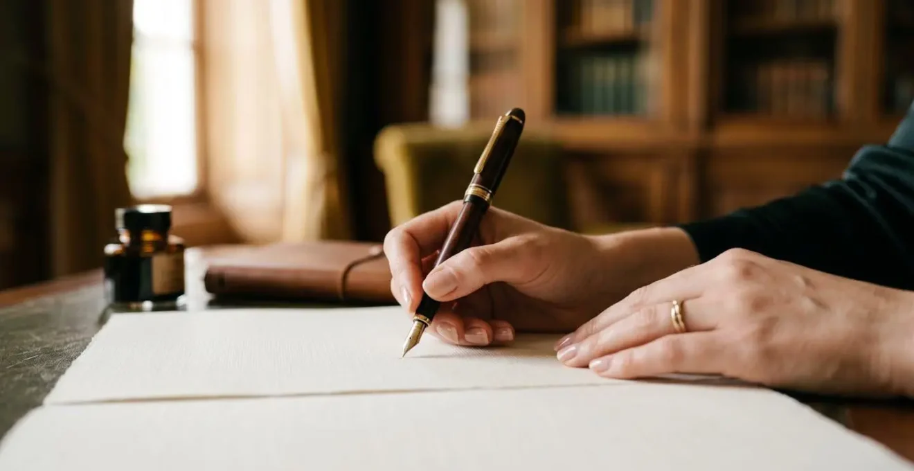 Close-up of hands writing a formal letter on elegant stationery with fountain pen in refined Parisian interior