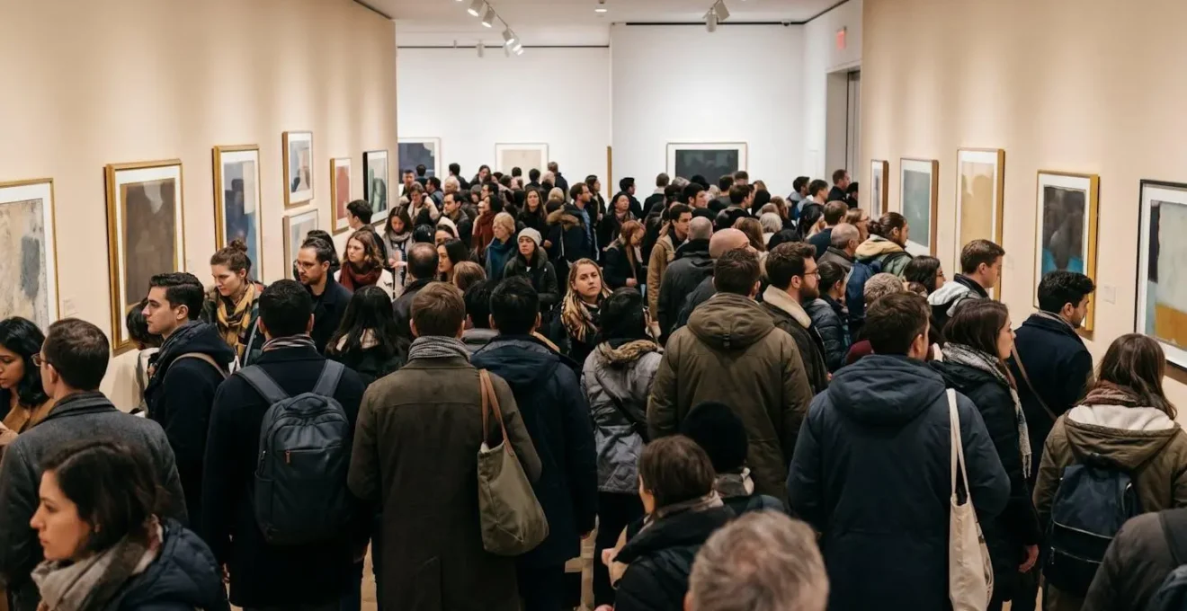 Dense crowd of museum visitors navigating narrow gallery corridors illustrating industrial-scale visitor management versus intimate art appreciation