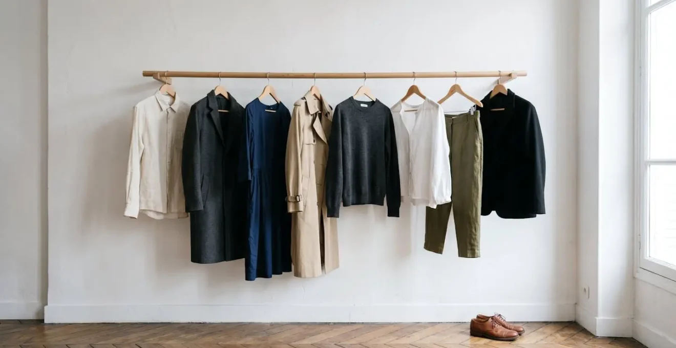 Minimalist wardrobe interior showcasing carefully selected timeless garments with intentional negative space