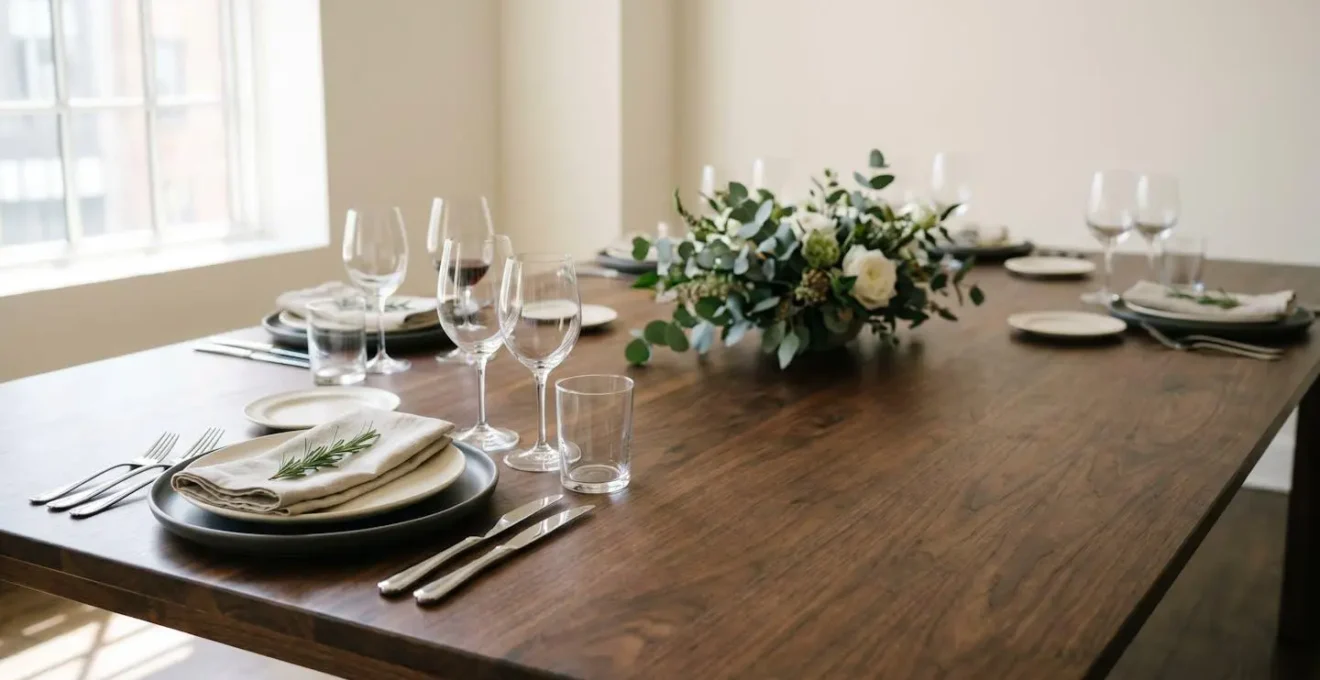 Wide-angle view of an elegantly set dinner table with strategic negative space, low floral centerpiece, and proper cutlery placement for formal dining