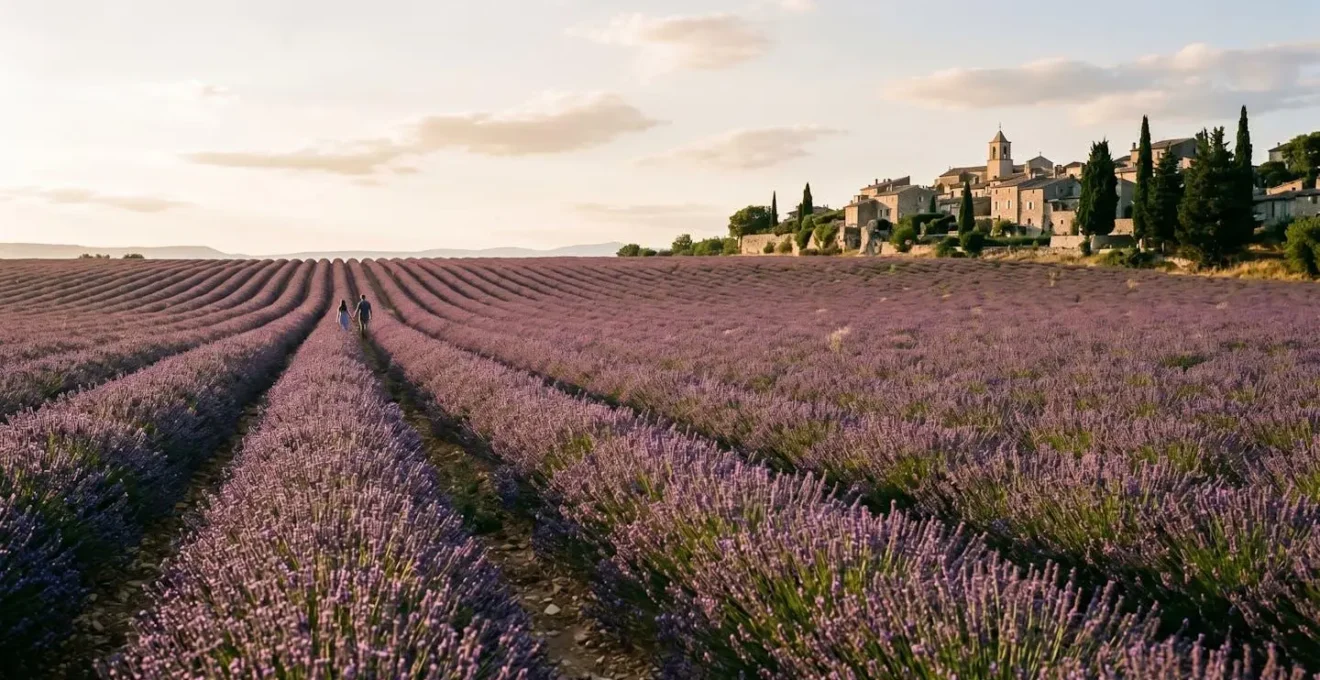Vast lavender field at golden hour with distant couple silhouette walking hand in hand, emphasizing solitude and tranquility