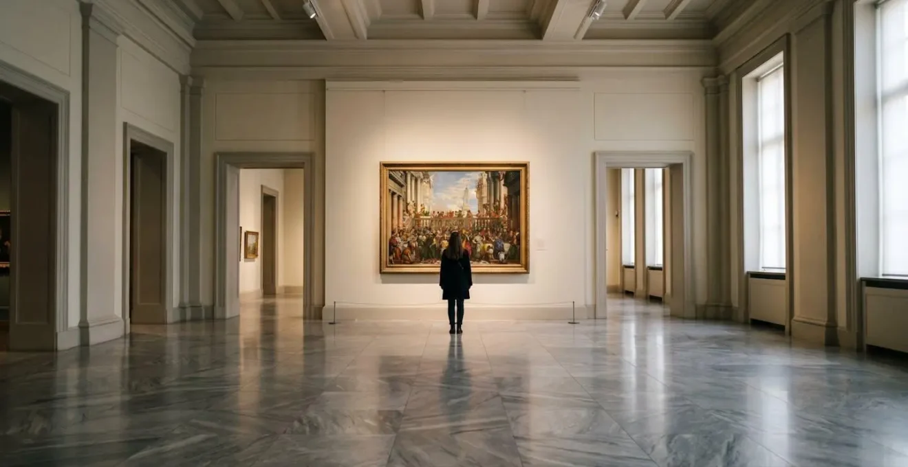 A serene, empty museum gallery where a magnificent but overlooked masterpiece hangs, offering a quiet, contemplative experience.