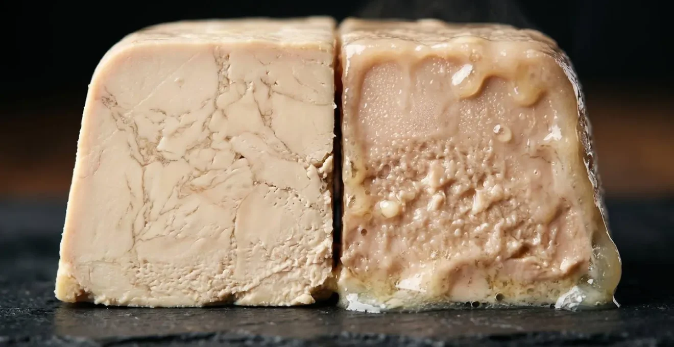 Extreme macro photograph showing the textural transition of foie gras surface from intact creamy structure to melted translucent fat under heat