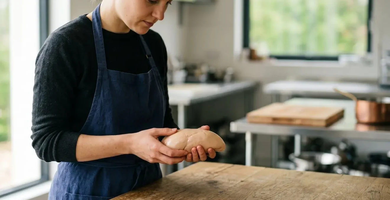 Close-up portrait of chef's hands holding and examining pale ivory-colored foie gras lobe with natural window light showing texture and quality