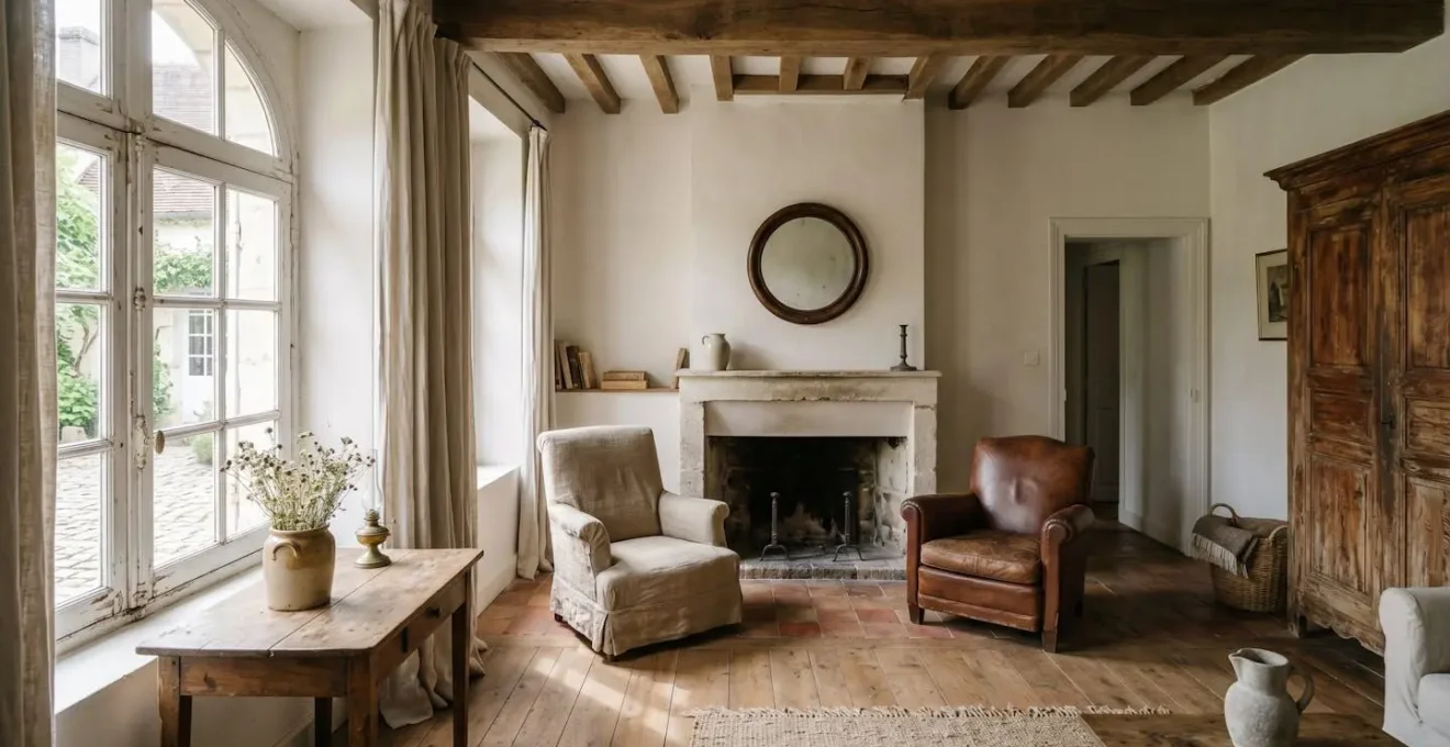 Wide view of French romantic interior showcasing authentic aged materials, natural light, and layered periods with visible patina