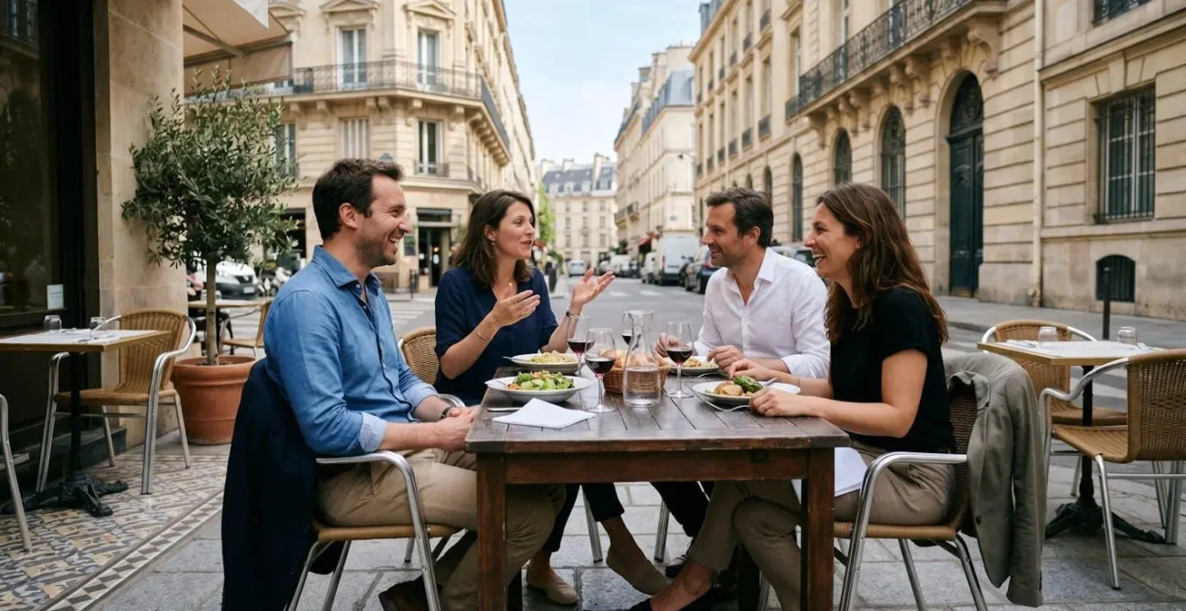 Wide shot of French workers during lunch break showing relaxed social interaction and mental detachment from work
