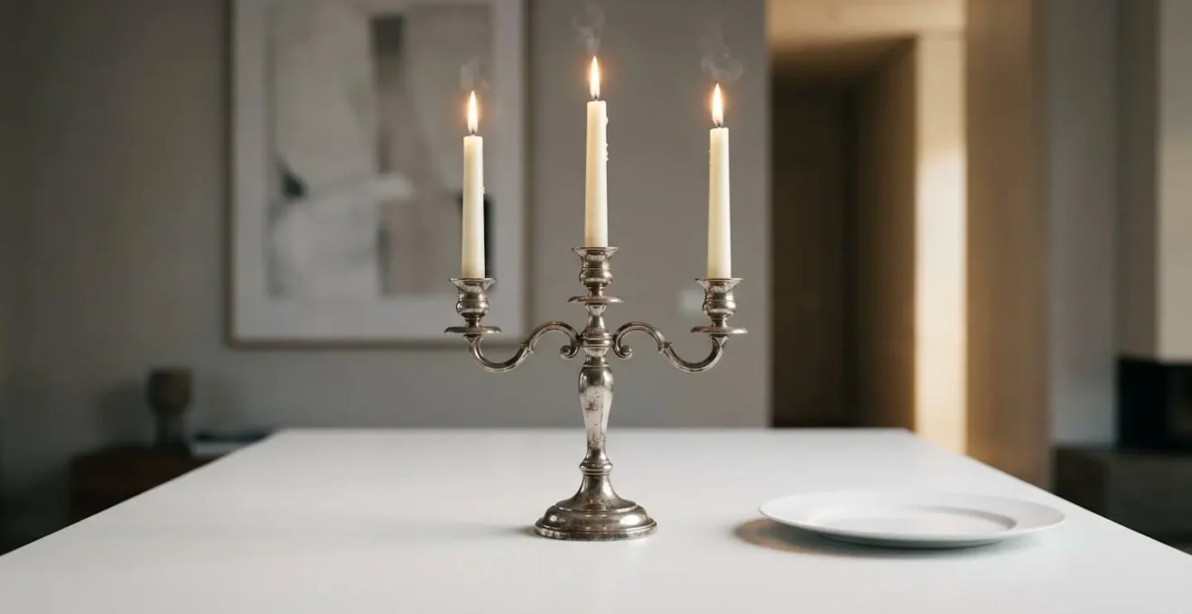Single ornate French Romantic-era candelabra centerpiece contrasted against minimalist modern table setting creating dramatic tension