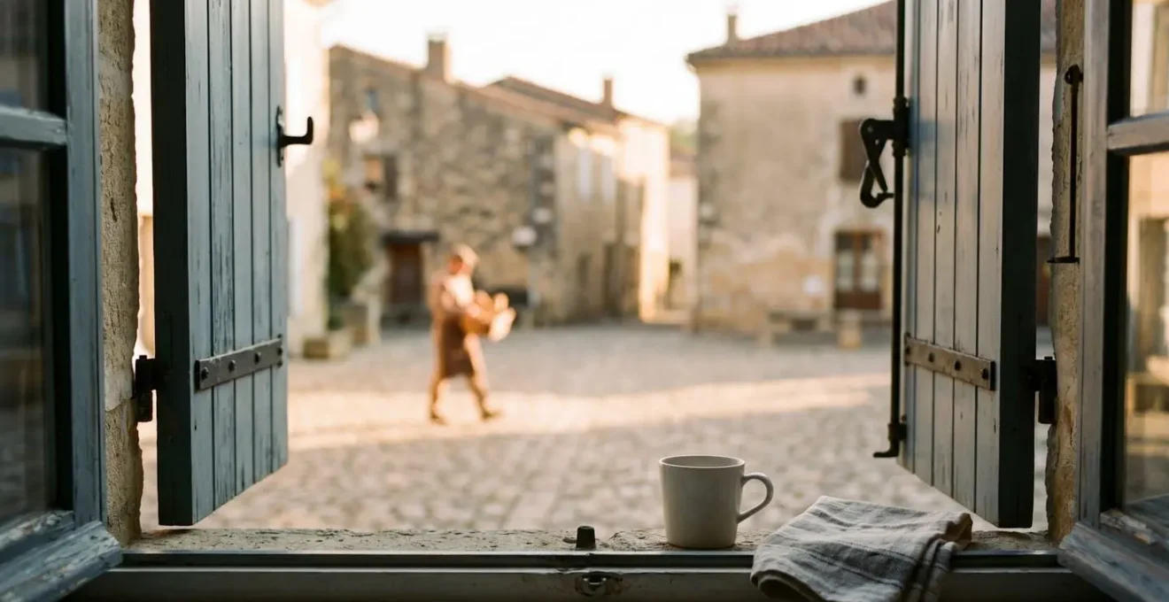 Sunlit French village window with morning coffee ritual symbolizing repeated memorable experiences