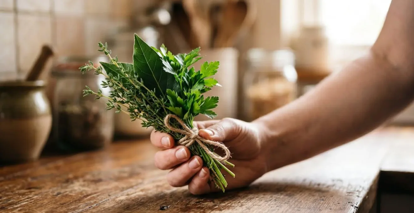 Close-up of a hand holding a fresh herb bundle, showing vibrant green colors.