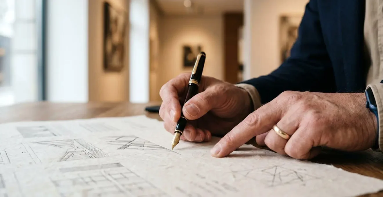 Close-up of professional hands reviewing exhibition planning documents in elegant Parisian office setting