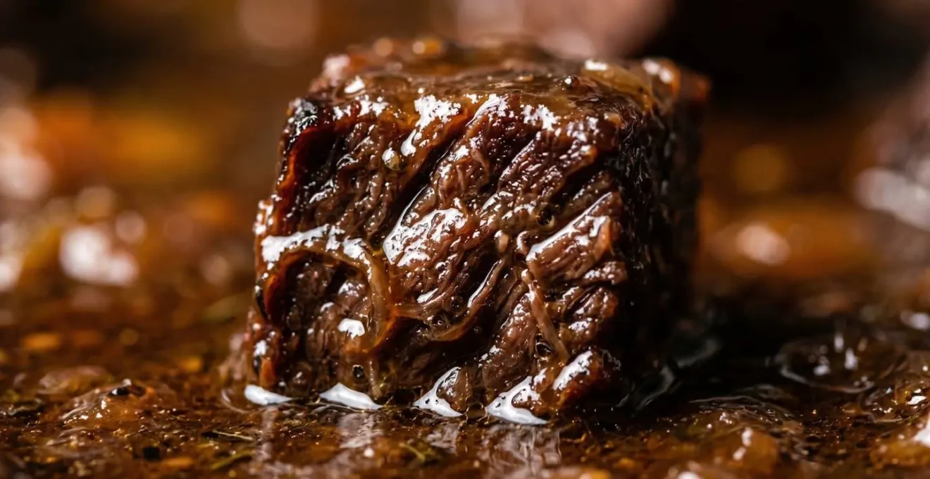 Macro close-up of tender beef in rich gelatin-enriched sauce
