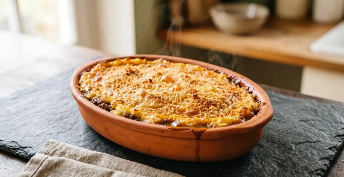 Close-up view of perfectly gratinated potato surface with golden breadcrumb crust and bubbling edges