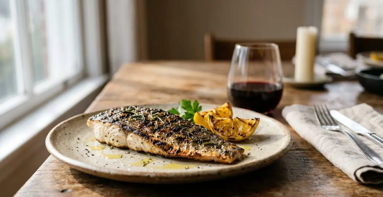 Grilled fish fillet with charred marks on rustic plate beside red wine glass