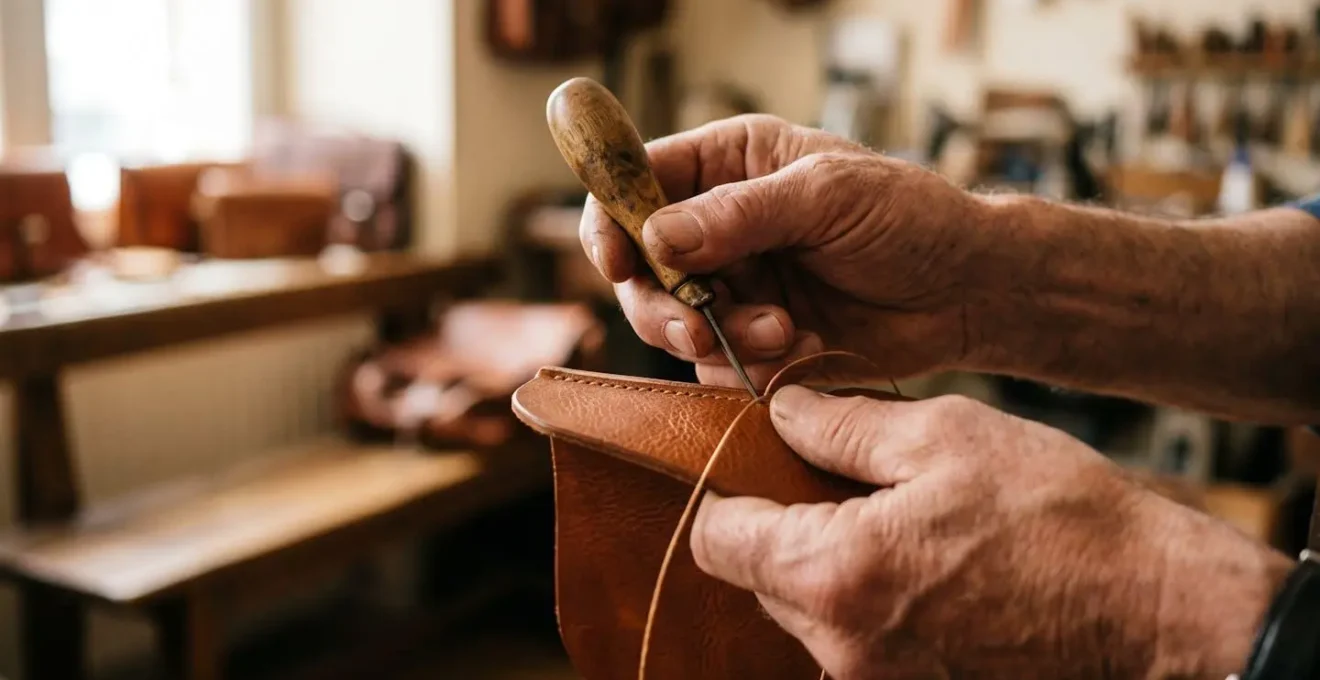 Macro detail of artisan hands working on genuine leather with traditional tools in natural workshop lighting, extreme shallow depth of field