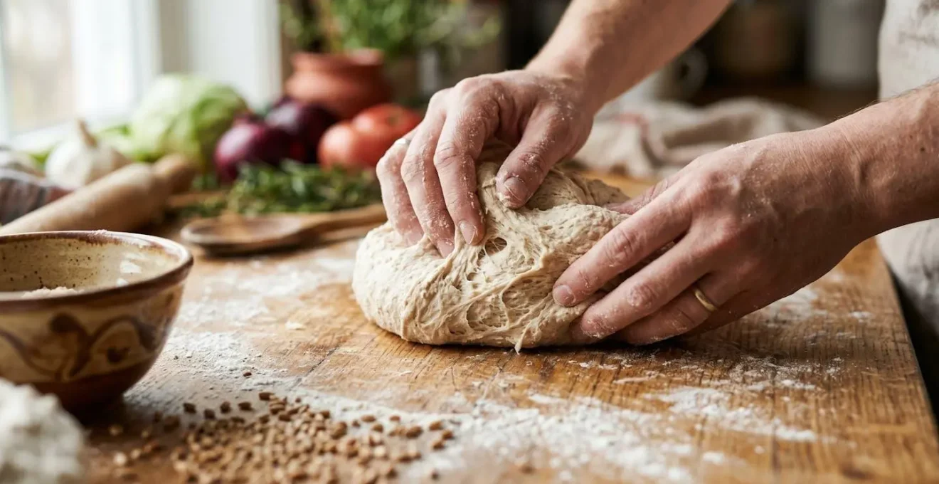 Close-up of hands working with traditional French culinary ingredients on a rustic wooden surface