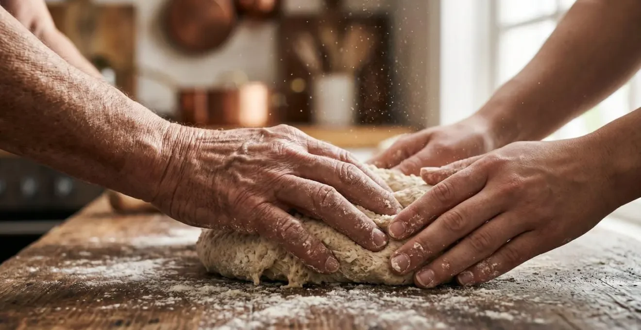 A close-up of an expert's and a learner's hands kneading dough together in a traditional French kitchen, showing the transfer of skill.