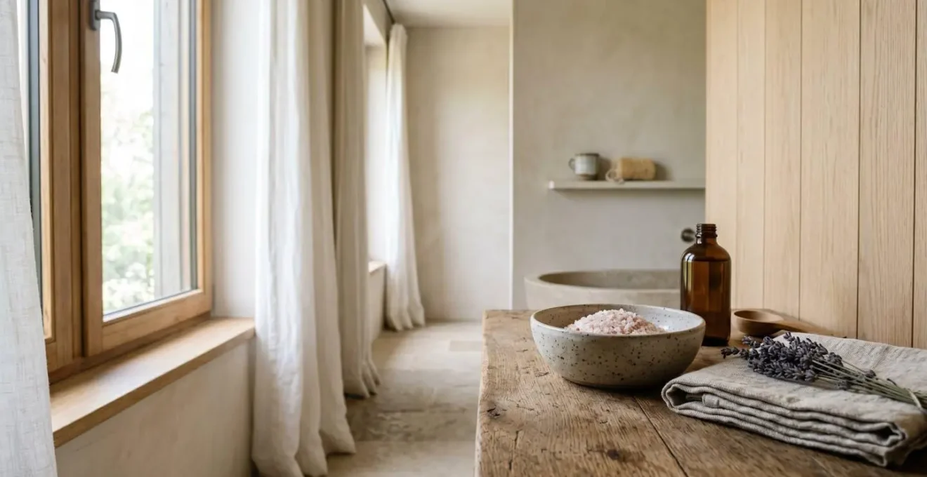 Environmental minimalist photograph depicting sustainable at-home wellness ritual space
