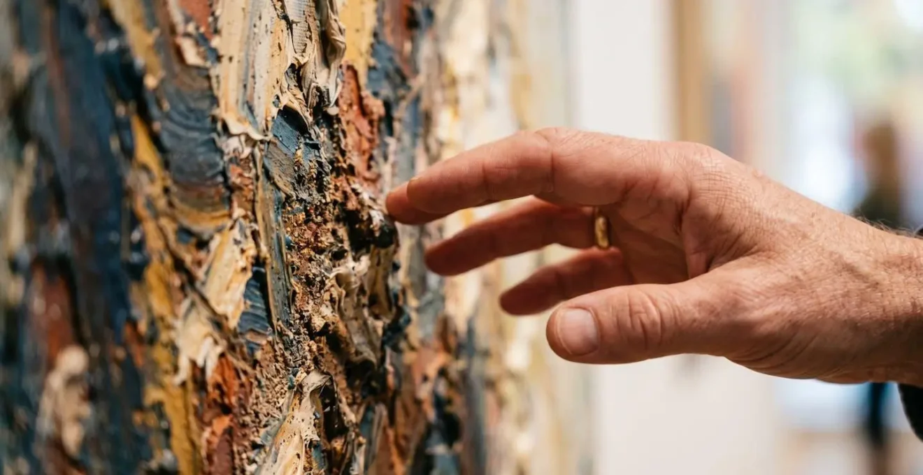 Extreme close-up of hand almost touching textured canvas surface in quiet gallery with soft natural light
