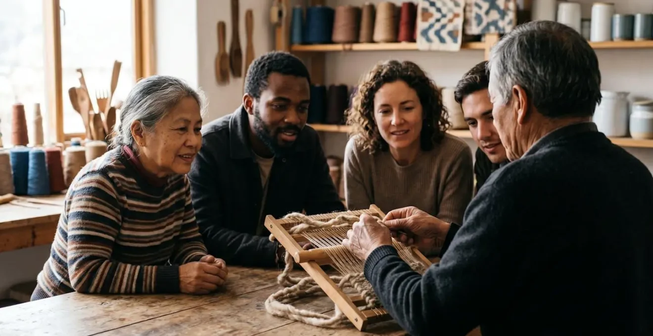 A small group of diverse travelers are deeply engaged in an authentic interaction with a local artisan in their workshop.