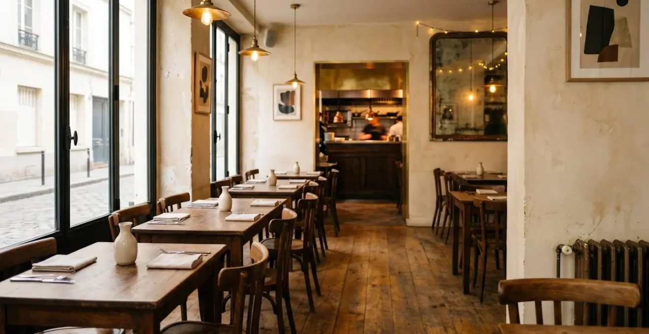 Intimate Parisian bistronomy restaurant interior with warm ambiance and artisanal details