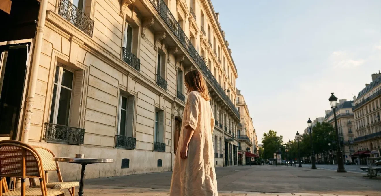A person in a linen garment standing against a Parisian Haussmannian building in the golden hour, showing how the context elevates the fabric.