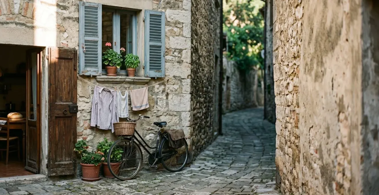 Atmospheric view of authentic French medieval village showing signs of genuine daily life and community