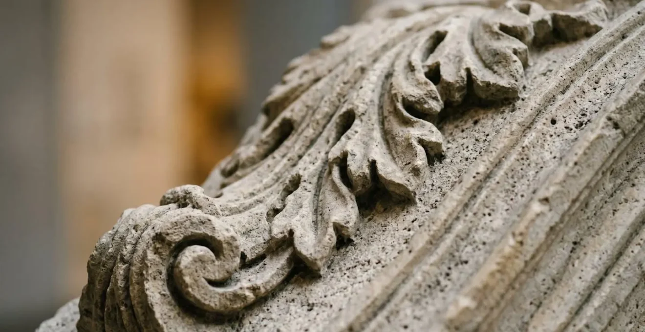 Extreme close-up of classical museum architectural detail showing carved stone texture and light interplay representing the contemplative experience possible in quiet moments