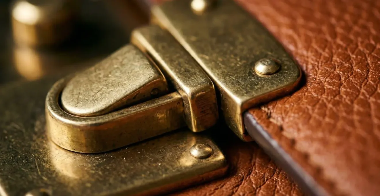 Macro photograph of authentic luxury handbag hardware clasp showing dense metal construction and precise engineering detail