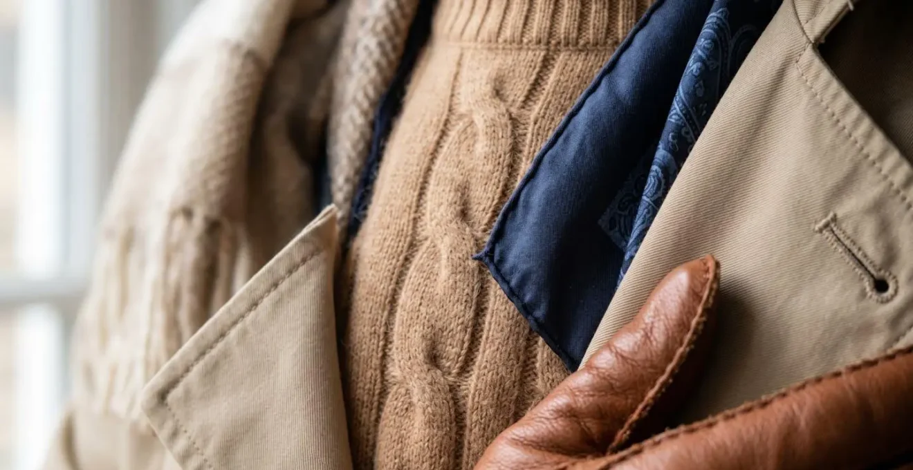 A close-up of layered textures: a cashmere sweater, silk scarf, and trench coat lapel, representing mid-season dressing.