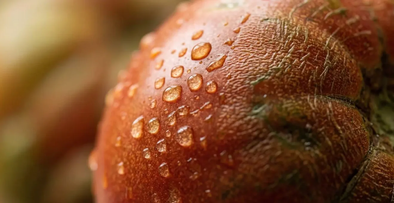 Extreme close-up macro photograph of vegetable surface showing natural texture and water droplets, representing invisible microbial terroir