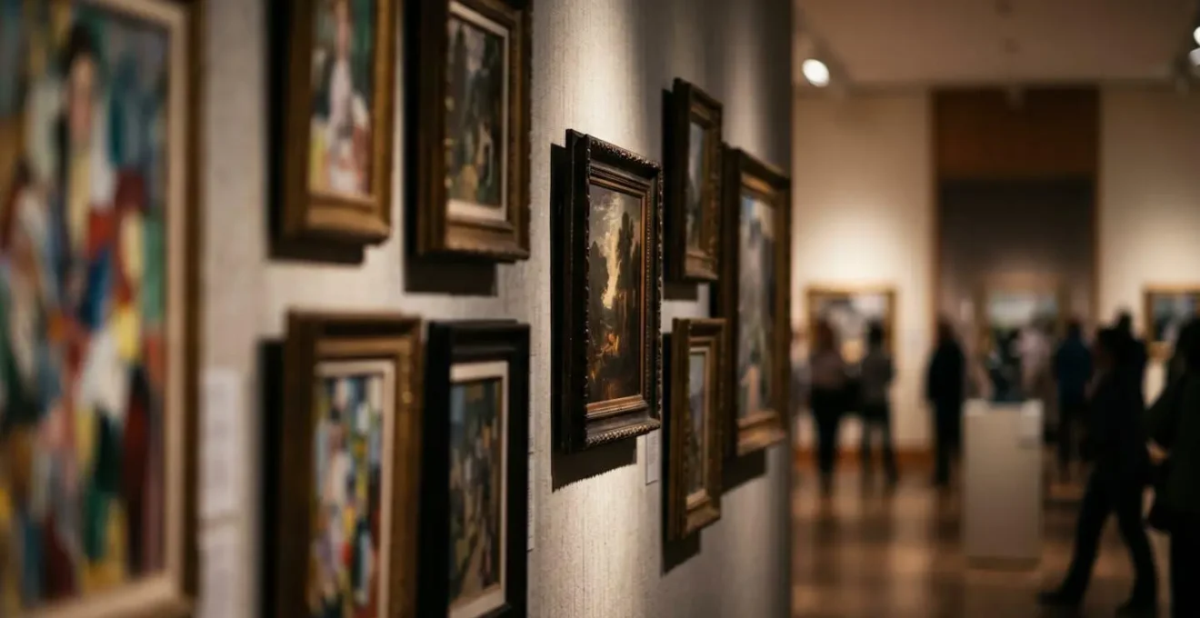 Close-up view showing the overwhelming visual density of museum artwork, creating cognitive saturation.