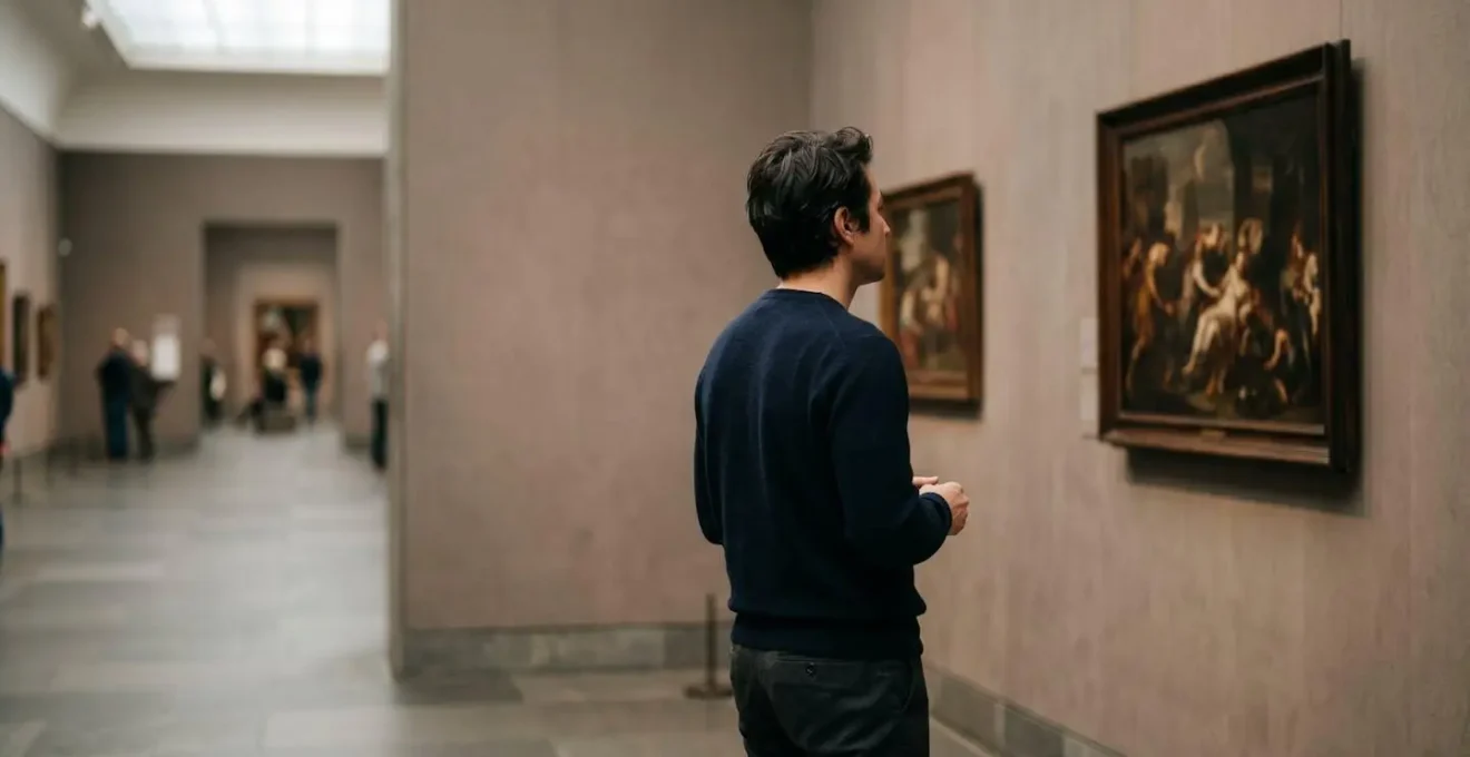 Close-up of a person deeply engaged in viewing a single artwork in a quiet museum gallery, demonstrating the principle of depth over breadth.