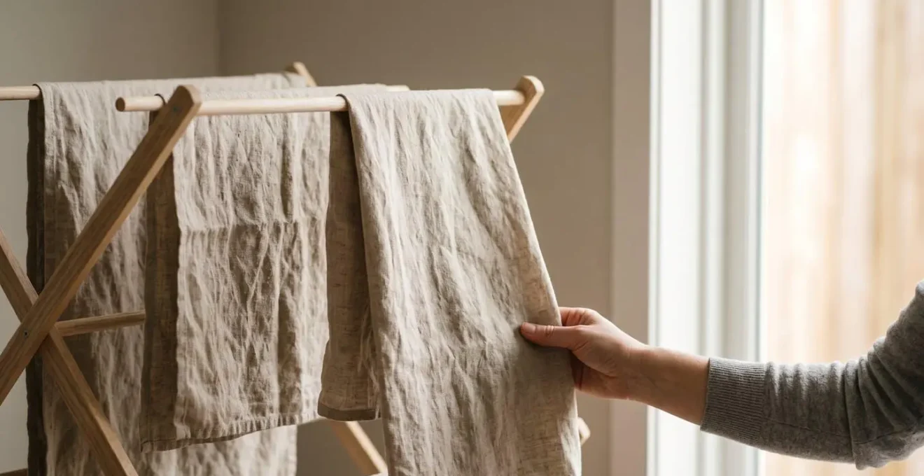 Natural linen fabric air-drying gracefully in soft diffused window light showing the proper care technique
