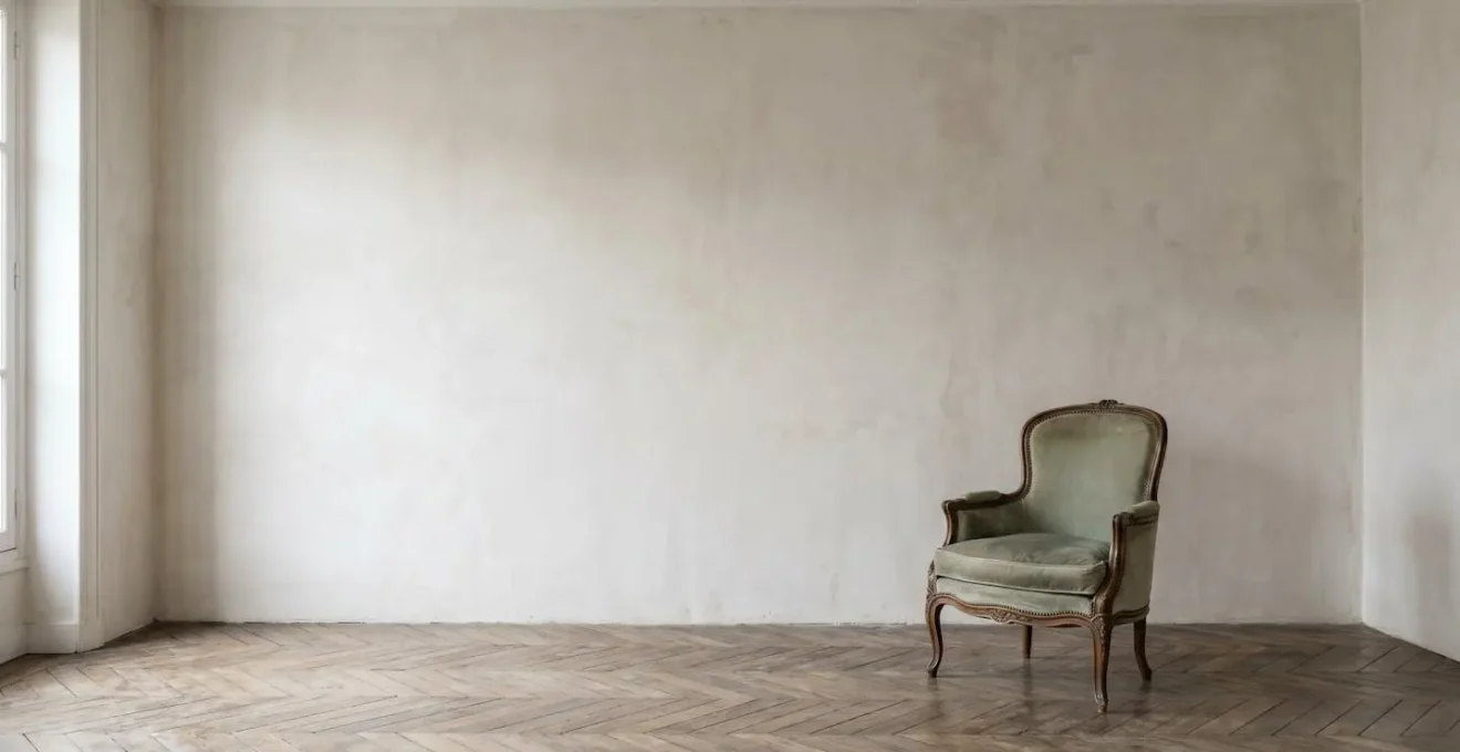 Wide-angle minimalist photograph demonstrating the power of negative space in authentic French interior design