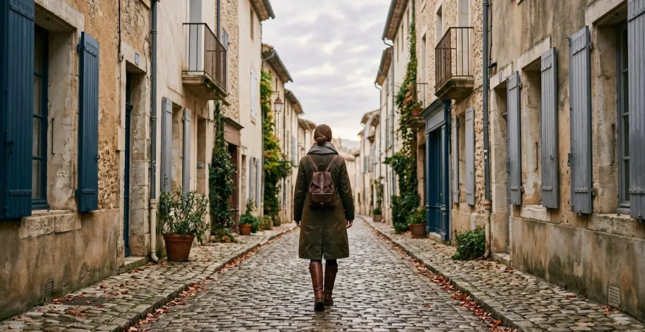 A lone traveler discovers a quiet, empty French countryside village during the off-peak autumn season, with golden light casting long shadows.