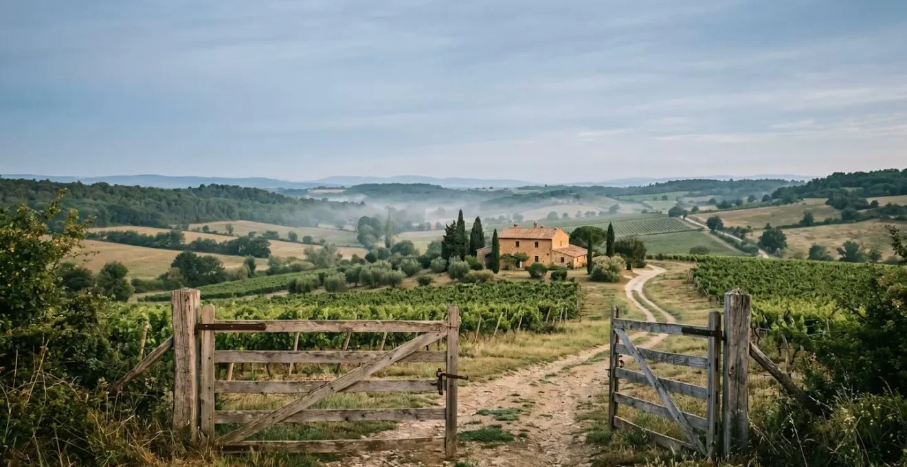Wide environmental shot of French countryside with farmhouse in distance showcasing terroir and direct producer connection