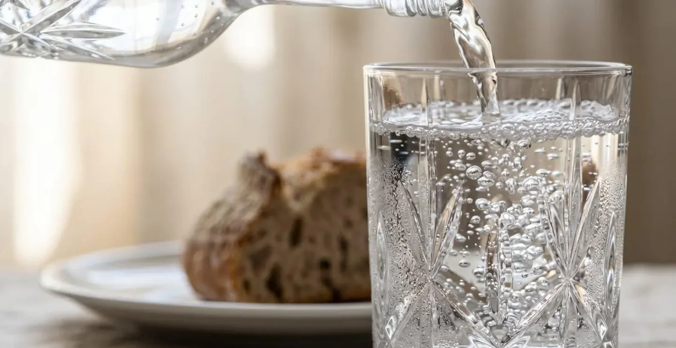 Close-up of sparkling water being poured into crystal glass with bread on minimalist table