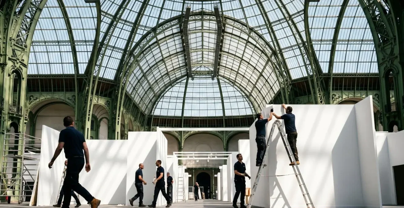 Behind-the-scenes view of Grand Palais exhibition space during art fair setup with dramatic architecture