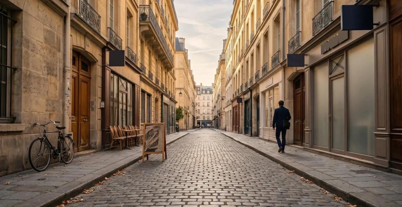 Parisian gallery district during September rentrée with autumn light