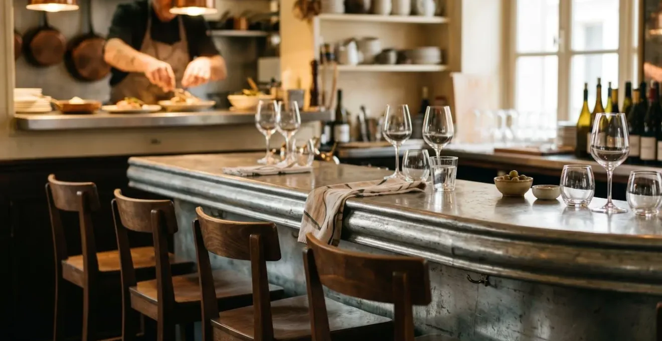Intimate view of a Parisian bistro bar counter with vintage zinc surface and wooden stools in soft natural light