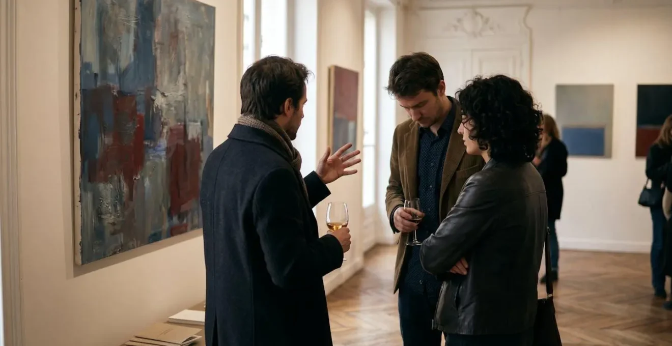 Intimate art gallery opening with collectors and artist in conversation