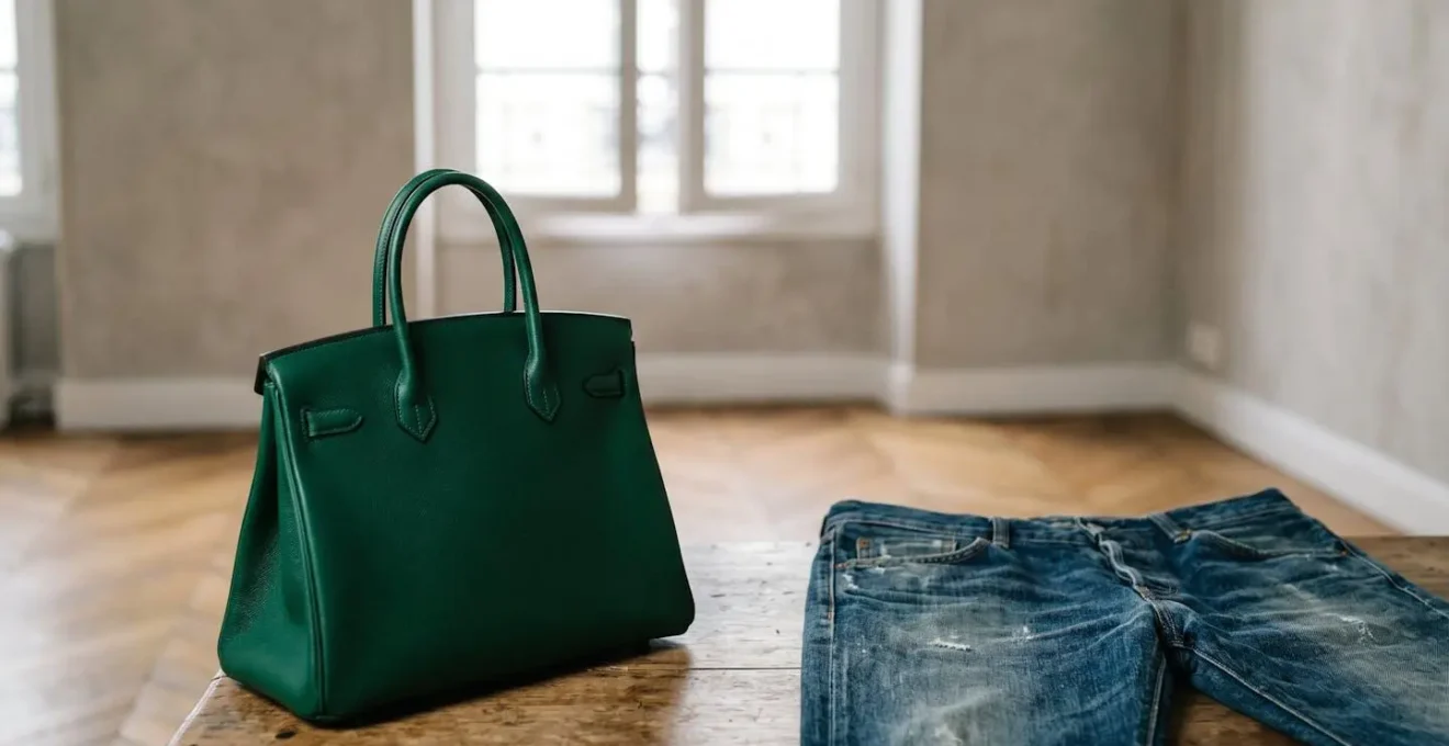 Artistic composition showing deliberate contrast between precious luxury item and casual worn element exemplifying French decalage concept